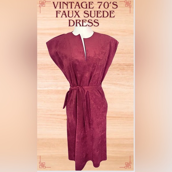 Vintage 70’s - Abe Schrader/ Faux Suede dress with sash belt notched neckline - Picture 1 of 6